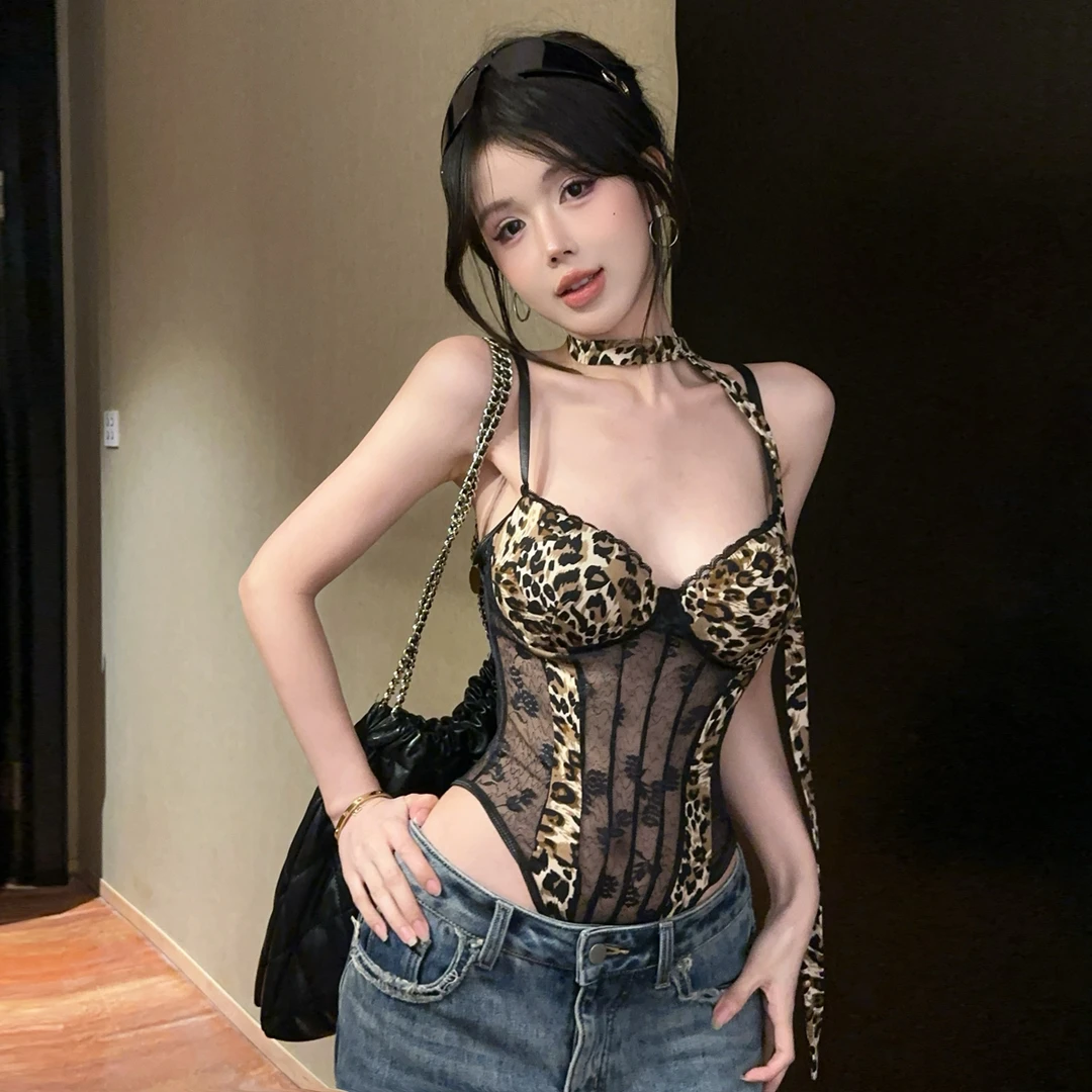 pinkmoon||网纱连体豹纹吊带背心女夏美式热辣妹性感鱼骨抹胸上衣