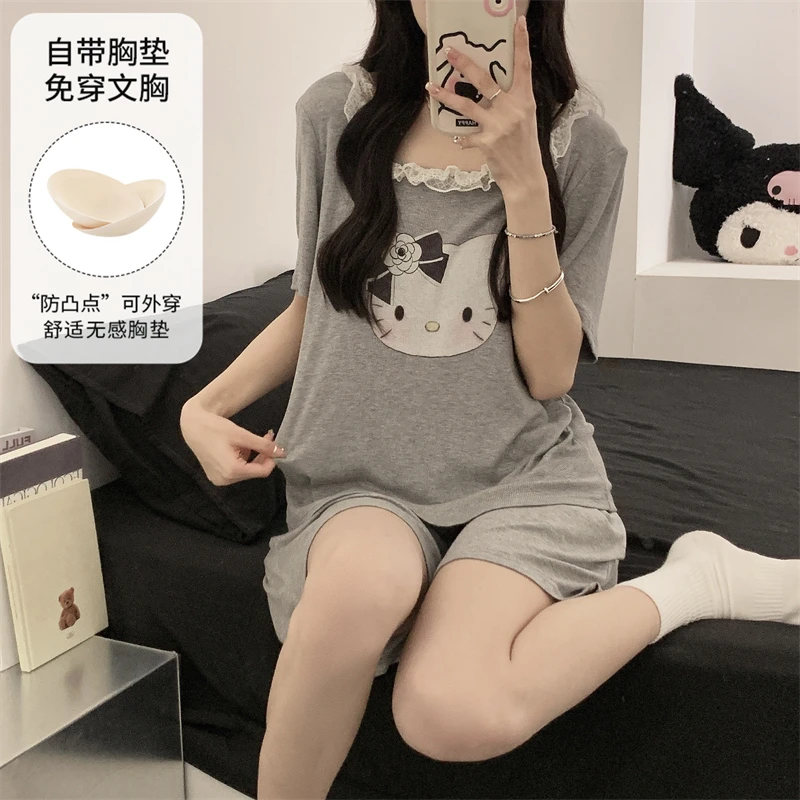2025新款睡衣女带胸垫夏季短袖甜美花边kt猫家居服套装可外穿
