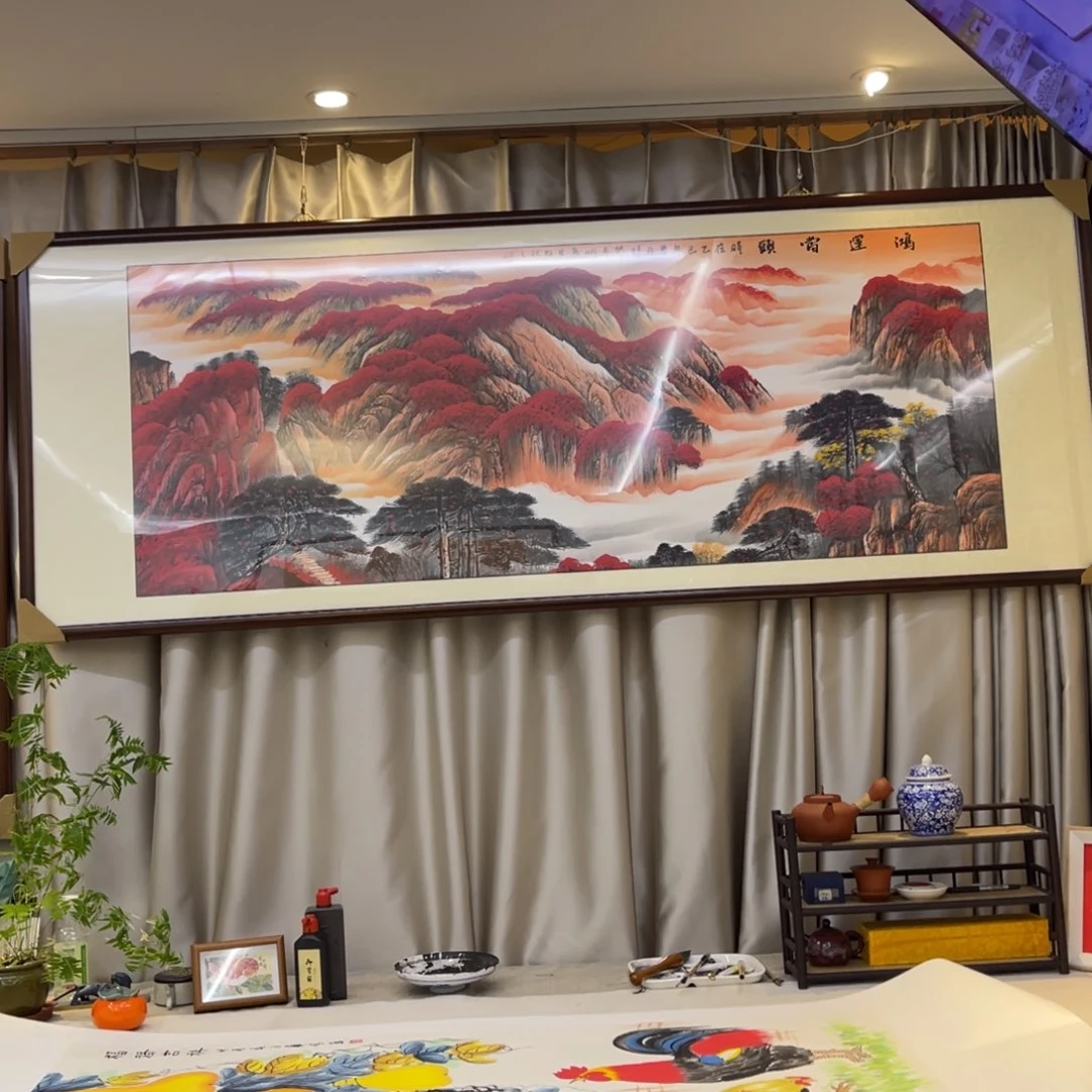 国画六尺鸿运当头实木画框225×85