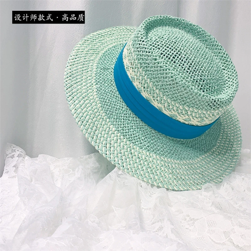 帽子女夏季薄荷绿色平顶草帽遮阳太阳帽巴拿马帽宽檐海边沙滩帽男