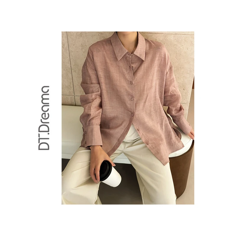 简约苎麻翻领长袖衬衫女新款纯色宽松休闲百搭防晒衫气质衬衣复古