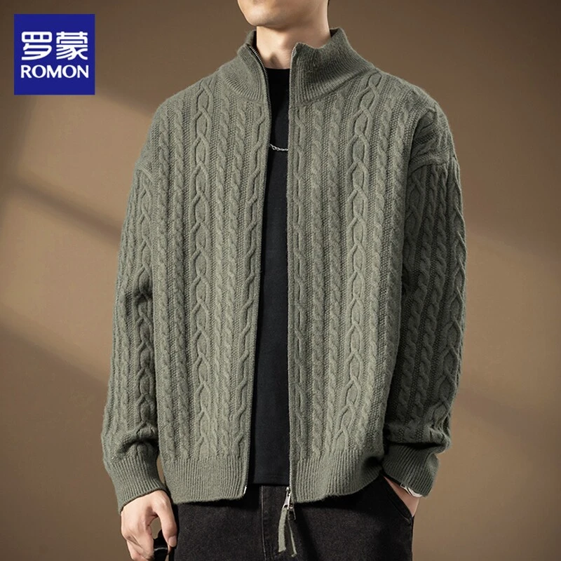 罗蒙针织外套男士2025秋冬季新款加厚休闲麻花立领拉链开衫毛衣男