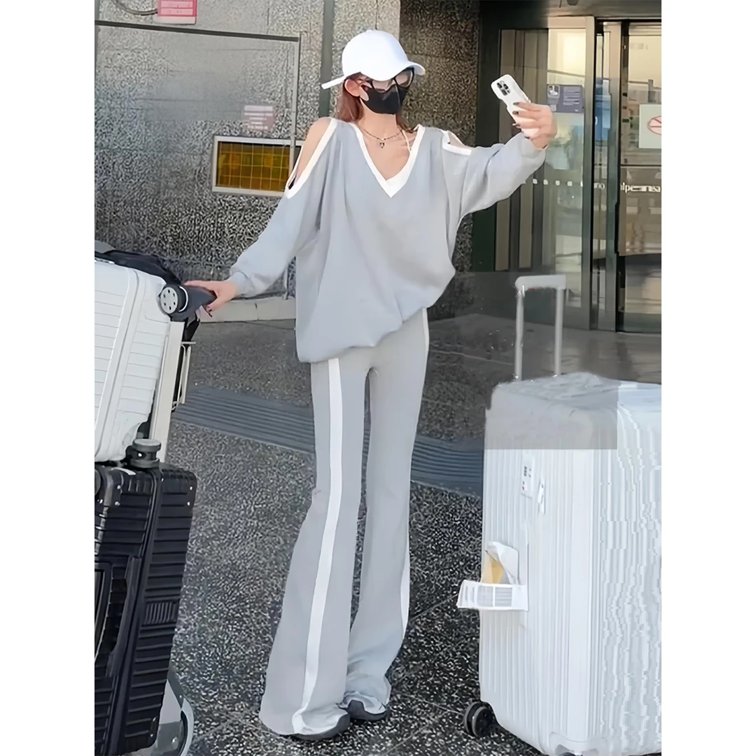 欧货高级感慵懒灰色休闲运动套装女春秋减龄露肩卫衣微喇裤两件套