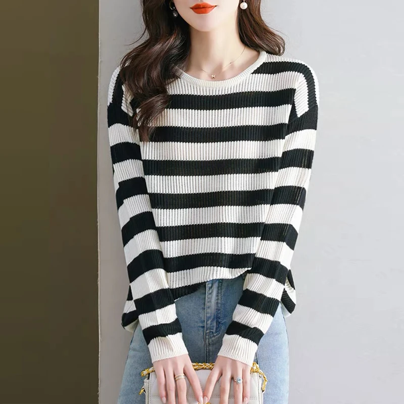 粉色条纹长袖T恤女2025新款洋气宽松打底衫薄内搭针织衫秋季上衣