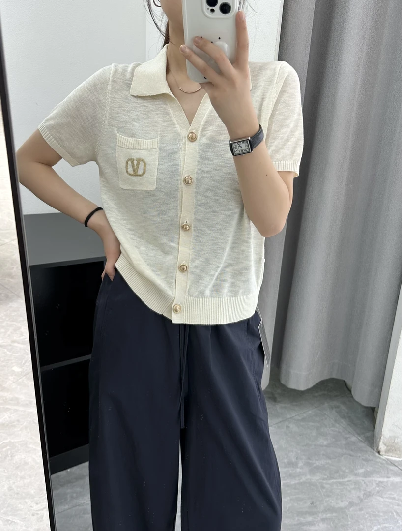 欧洲站高级轻奢翻领单侧口袋刺绣针织开衫宽松显瘦女夏季新款上衣