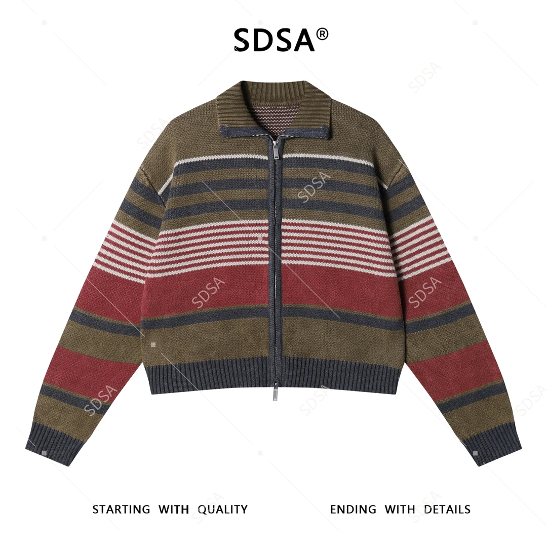 SDSA秋冬新款痞帅男装复古时尚条纹拉链翻领针织衫百搭开衫毛衣