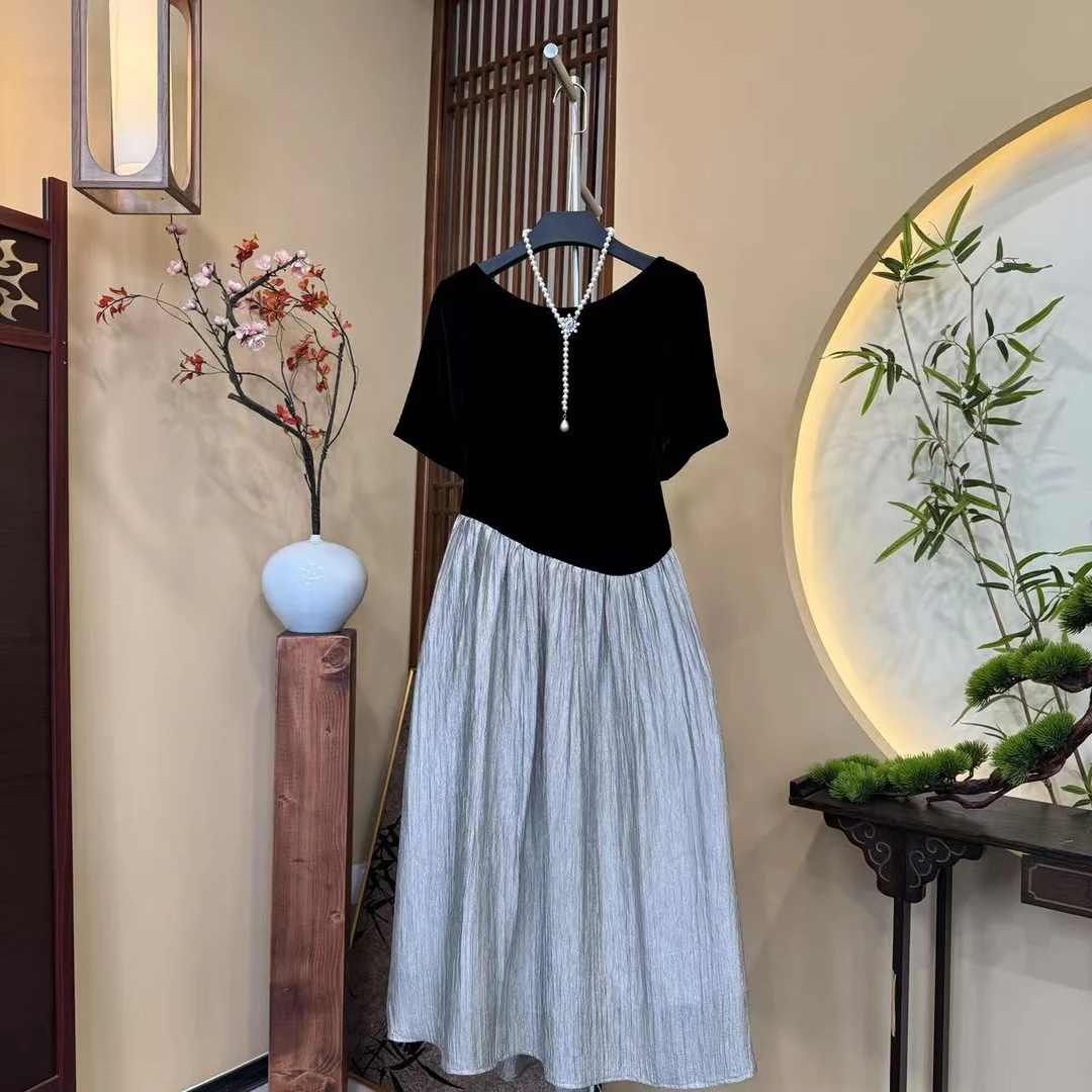 【中先森】高定100%桑蚕丝真丝绒拼接连衣裙百搭显瘦设计女装  552