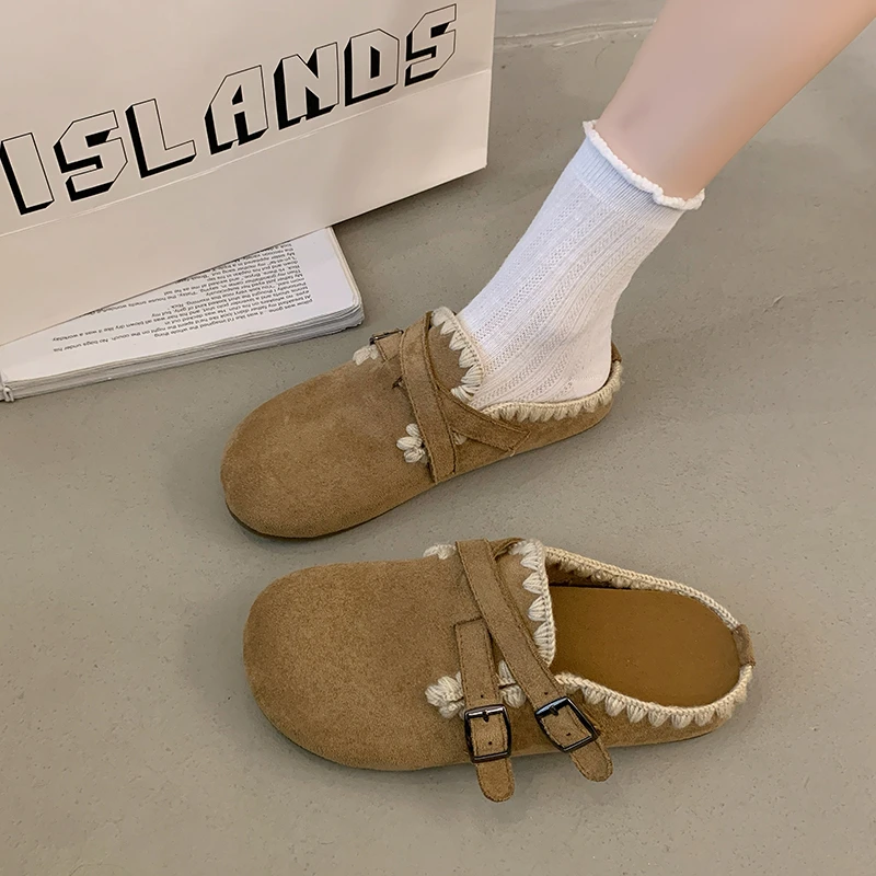 2025秋季新款女勃肯鞋设计感森系刺绣金属扣内增高网红韩版包头拖