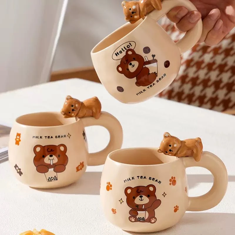 卡通浮雕小熊陶瓷杯可爱女生礼物马克杯带把大容量家用牛奶早餐杯