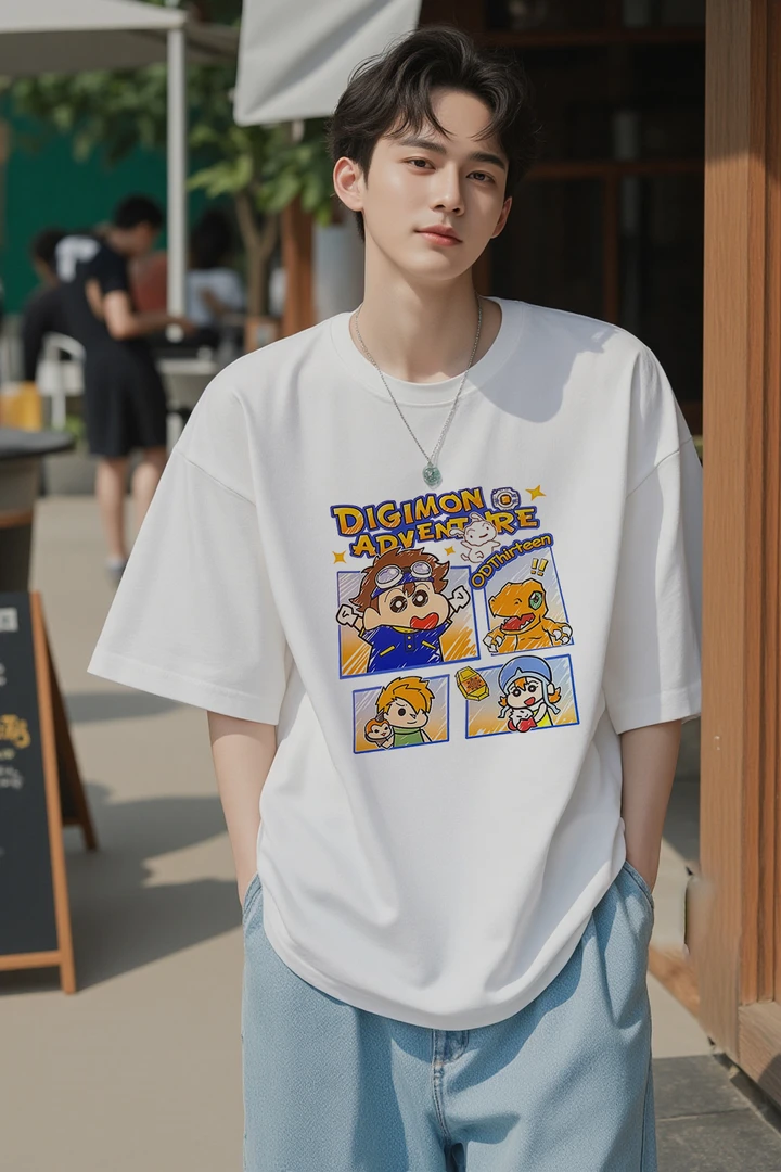 夏季男式士纯棉短袖T恤圆领宽松印花日系涂鸦数码小新学生同款