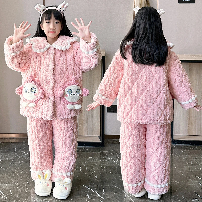 冬季新款儿童三层夹棉睡衣法兰绒女童加绒加厚大童公主女孩家居服