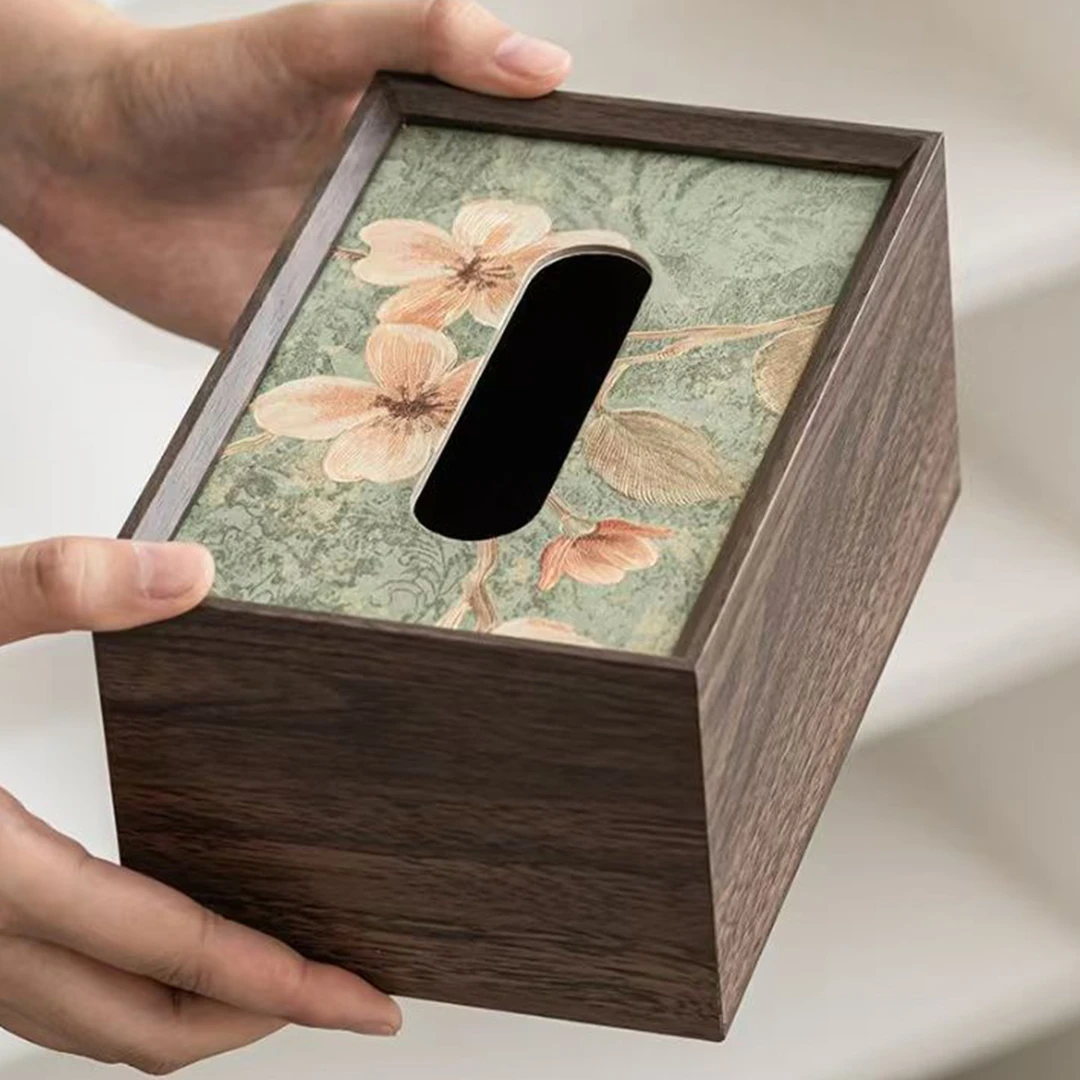 中式复古印花木质抽纸盒家用办公室客厅轻奢纸巾盒创意餐桌抽纸盒