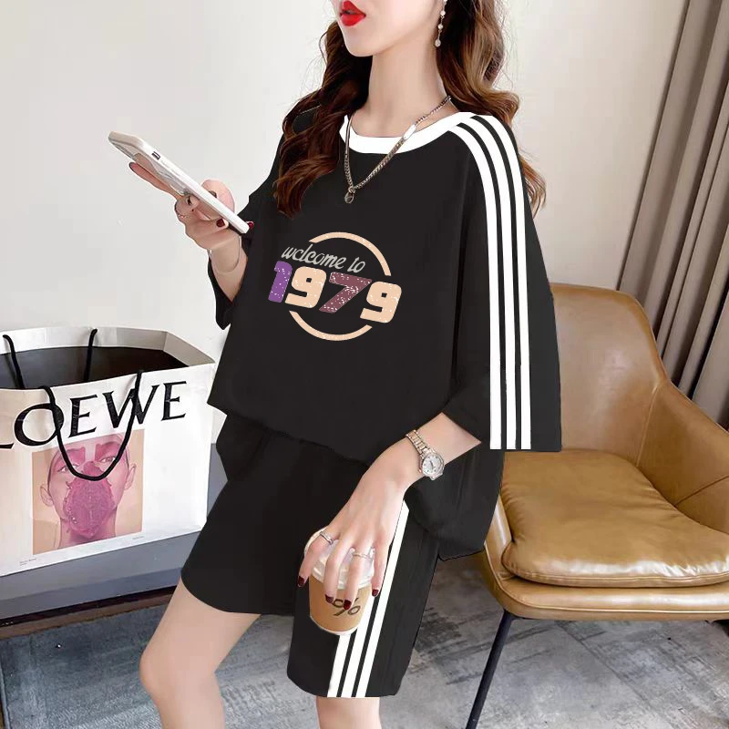小个子运动服套装女夏季大码宽松学院风少女短袖短裤休闲两件套潮