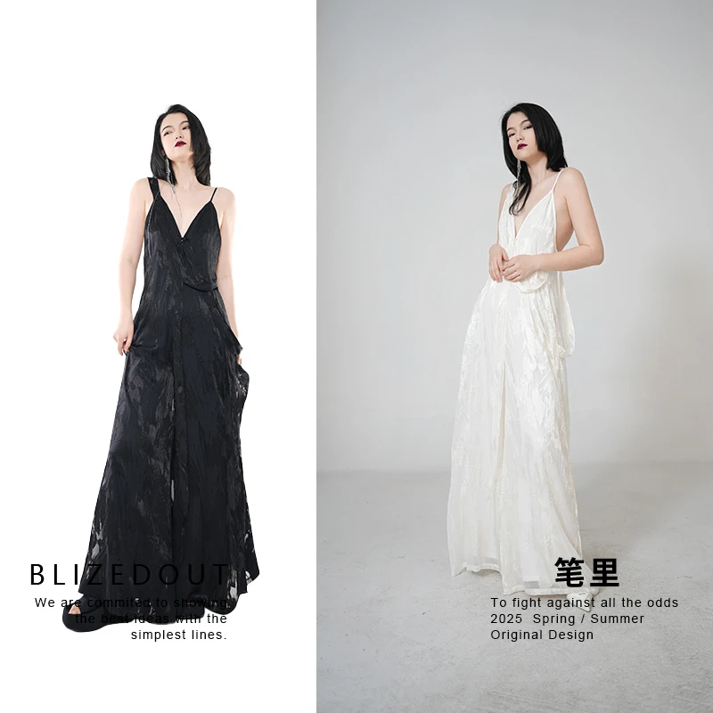 笔里【BLIZEDOUT】原创设计5061414黑/白色夏季收腰气质吊带连衣裤