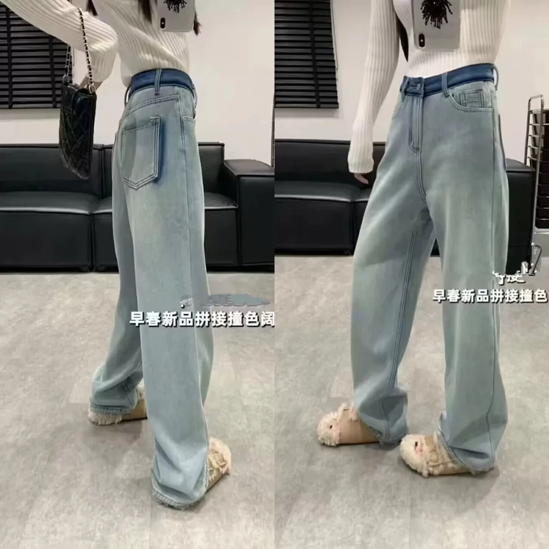 百搭显瘦辣妹风小众高腰带弹力直筒裤牛仔裤长裤时尚