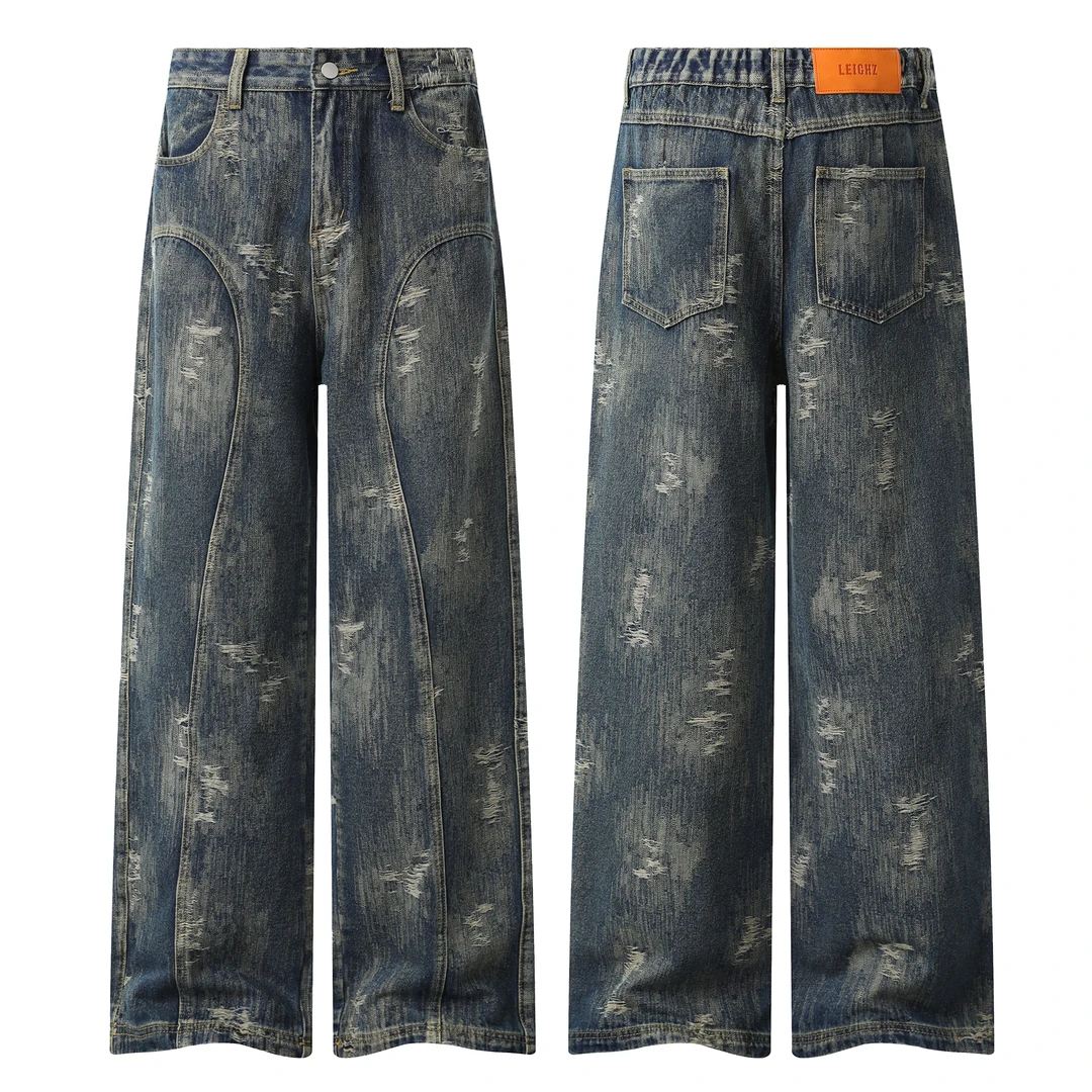 MR.MUDI/穆迪先生美式复古潮牌洗破工艺宽松直筒裤男款牛仔裤