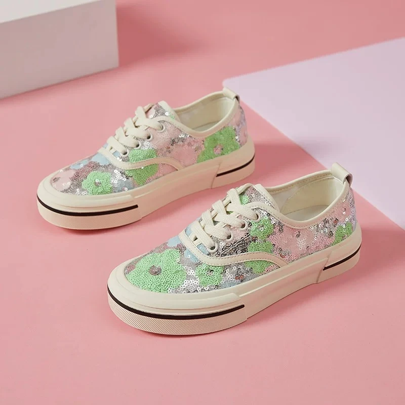 3281日落森林亮片休闲板鞋女厚底2025夏季新款圆头系带时尚花朵鞋