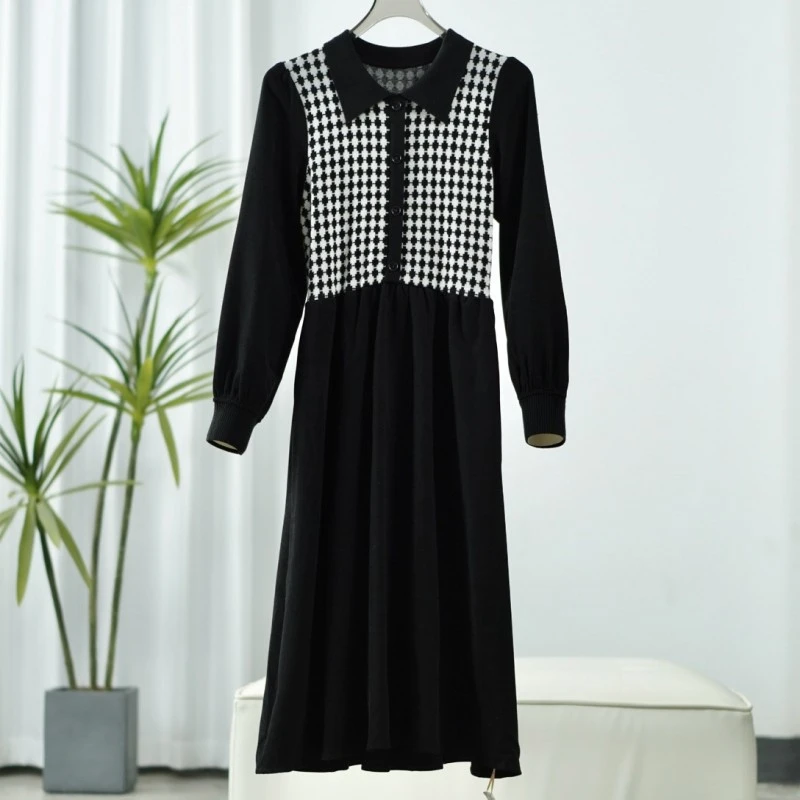 【诗M】O-570  女装时尚格纹拼接连衣裙黑色2581077