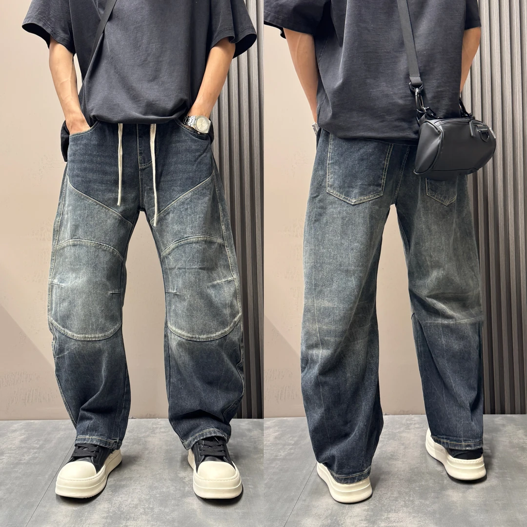秋冬宽松美式复古潮流直筒弯刀牛仔裤男阔腿裤痞帅拼接设计感长裤