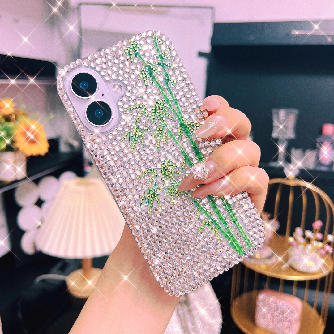 适用苹果/华为/OPPO/VIVO/小米手工DIY闪耀竹韵镶满钻手机壳