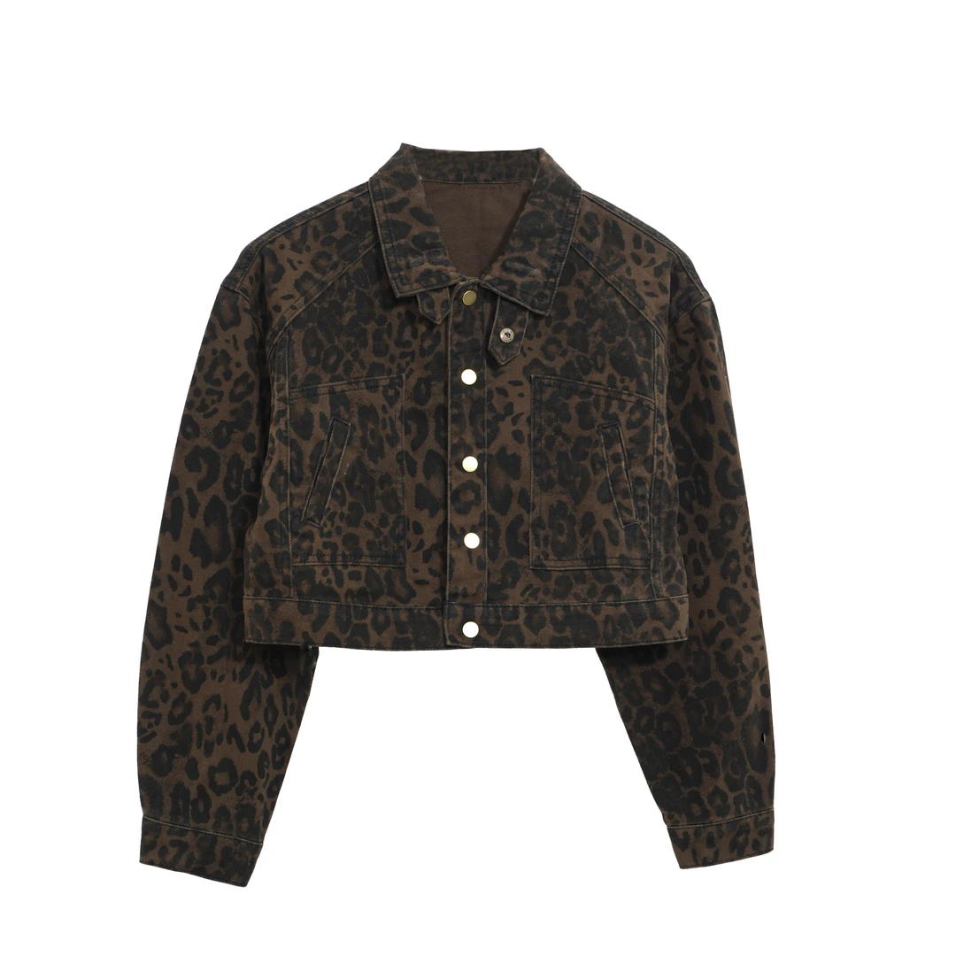 【双11降温大促】XC11218豹纹-韩系设计感宽松廓形短款牛仔外套