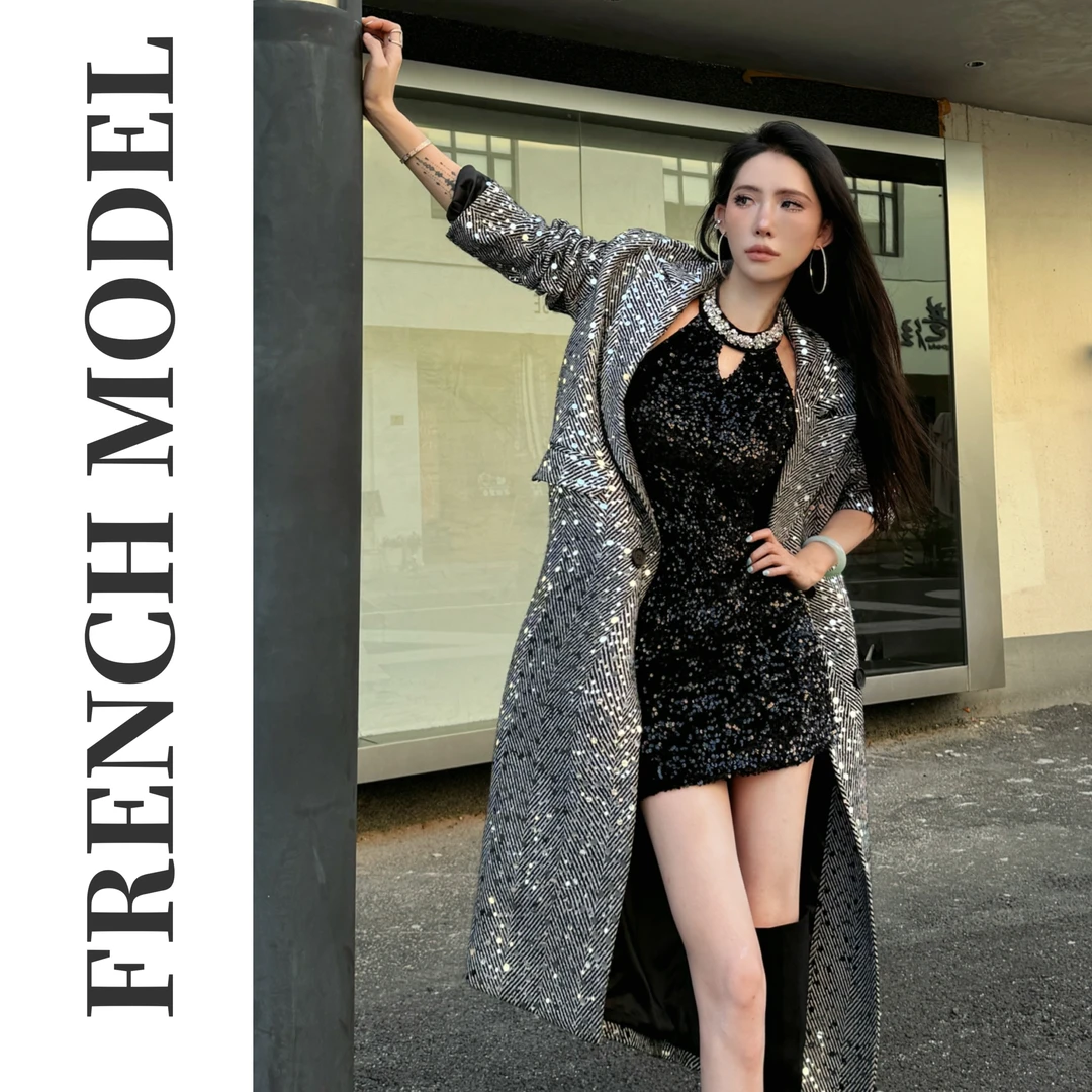 法模FRENCH MODEL. 2024秋冬季翻领亮片设计款大衣40960340
