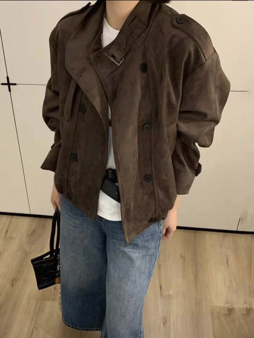 秋季立领女短外套卡其麂皮夹克秋冬百搭翻领