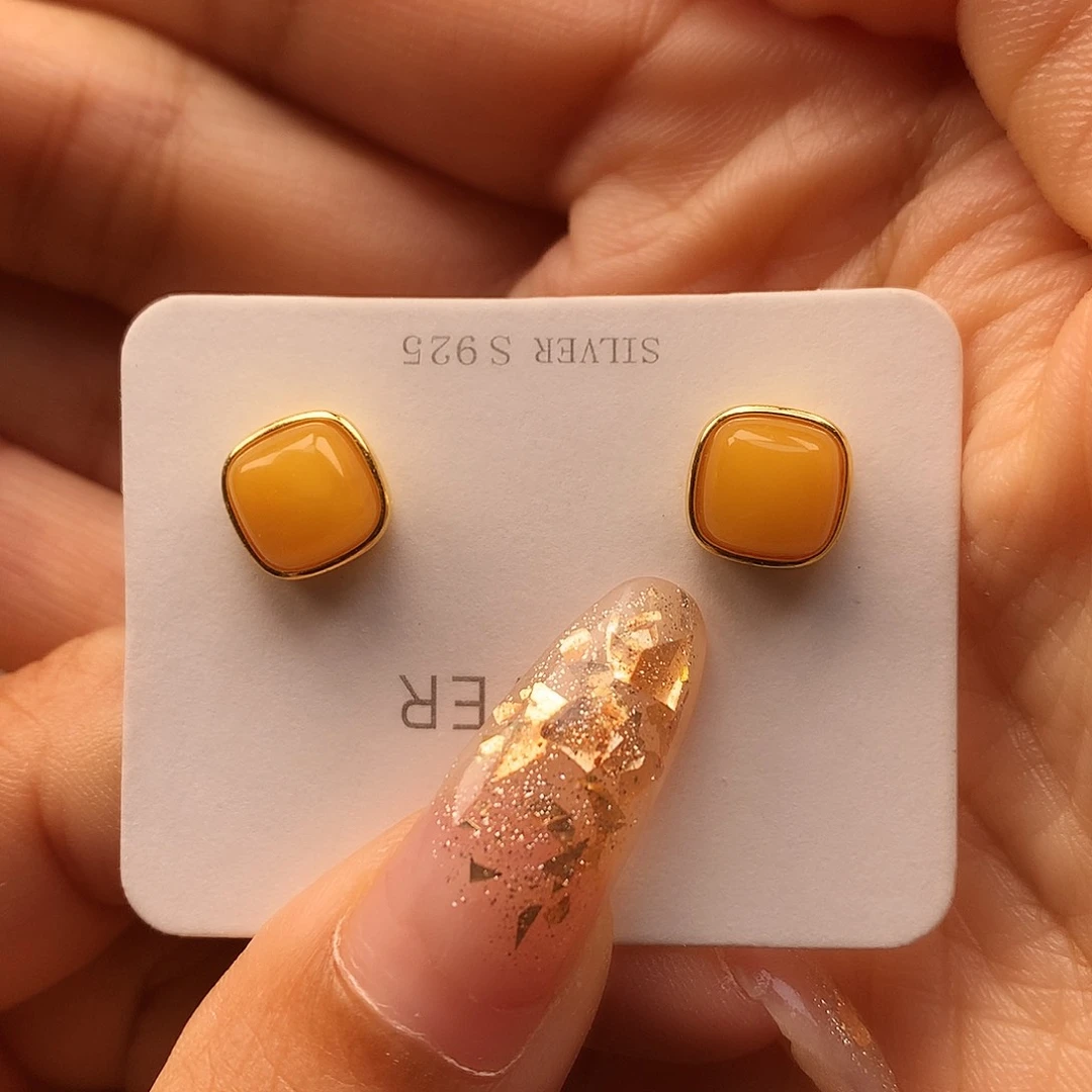 银S925镶嵌蜜蜡耳饰耳钉