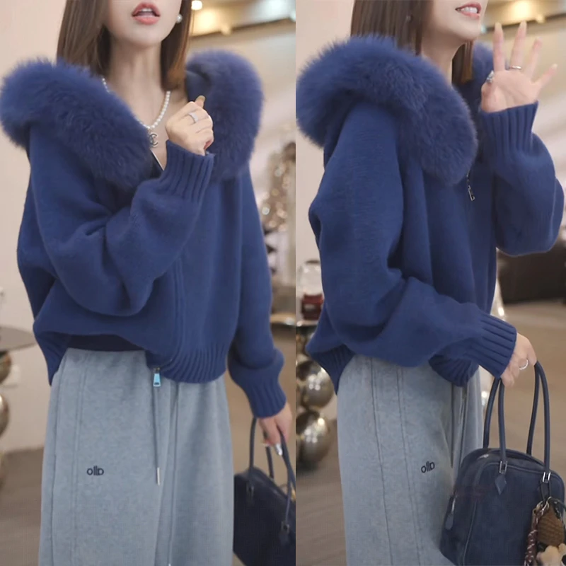 慵懒风毛领连帽ol毛衣外套女2025秋冬高级感加厚洋气针织开衫上衣