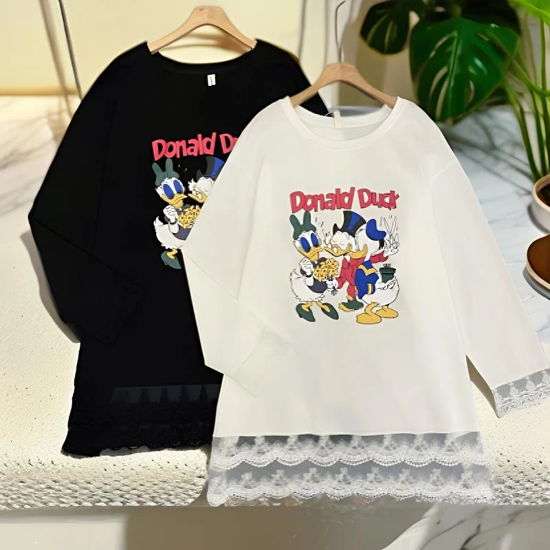 240-300斤 衣长90胸围160 卡通印花蕾丝拼接休闲长袖T恤