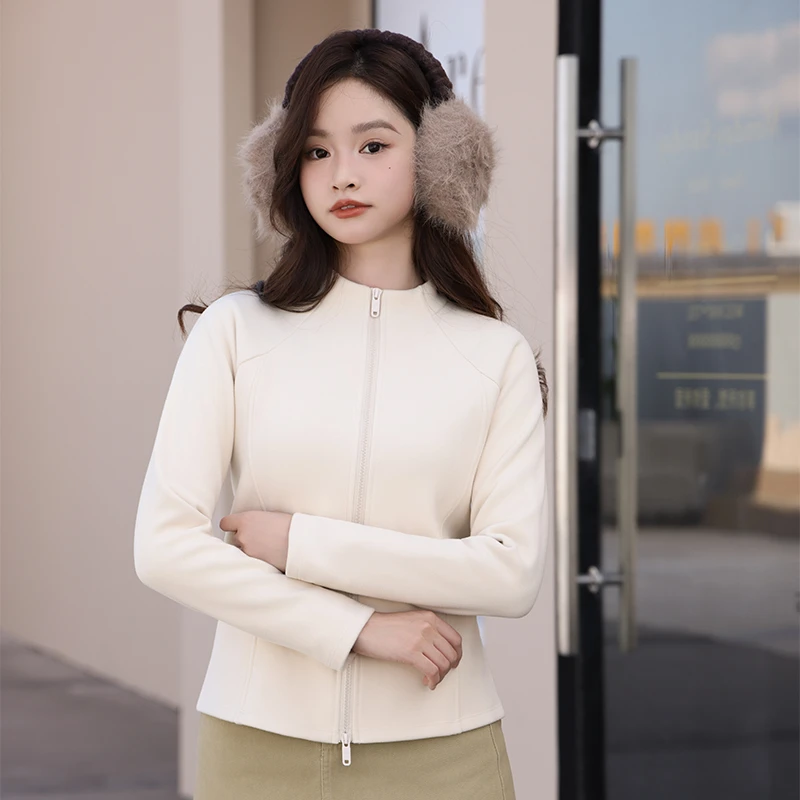 长袖立领女保暖秋季修身型短外套休闲加绒开衫上衣运动时尚防风