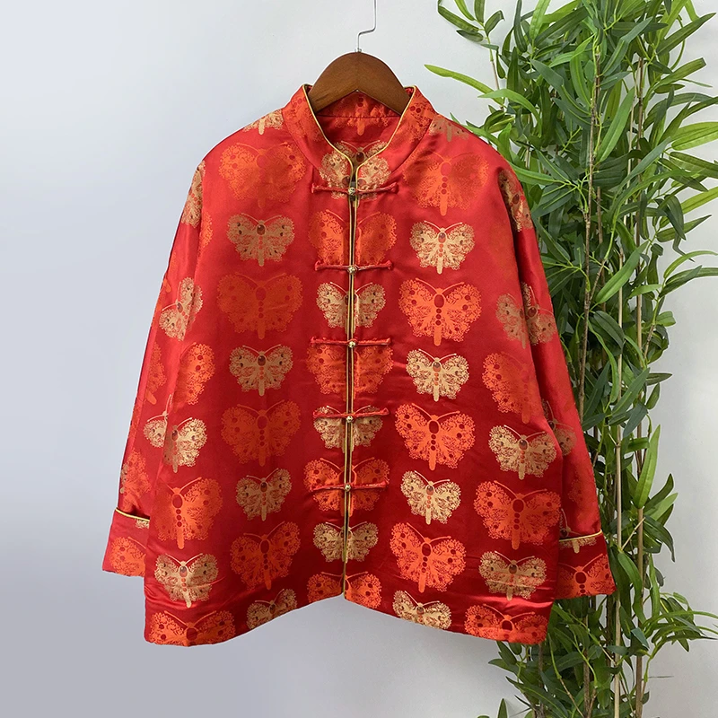 【红金蝴蝶】新中式红色国风复古印花立领秋冬加厚宋锦女士外套