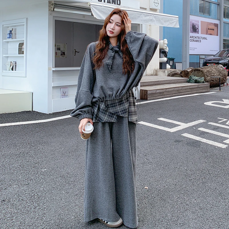 灰色设计感格纹拼接阔腿裤套装女2025秋季韩系休闲减龄卫衣两件套