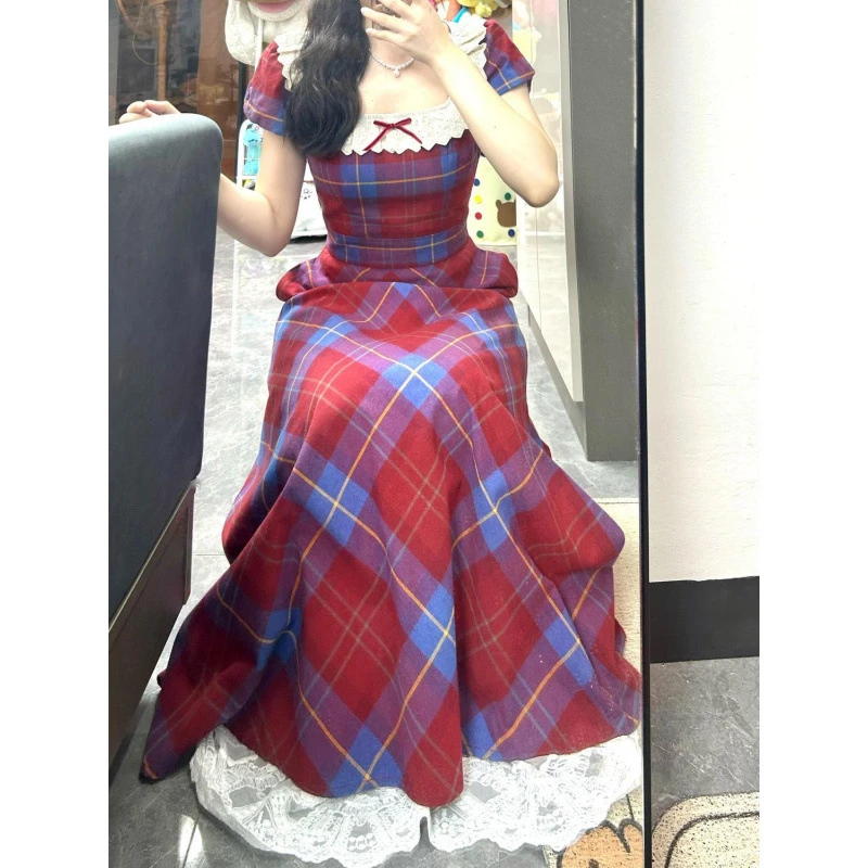 法式格子复古a字裙连衣裙女学生夏季款百搭收腰显瘦格纹气质长裙