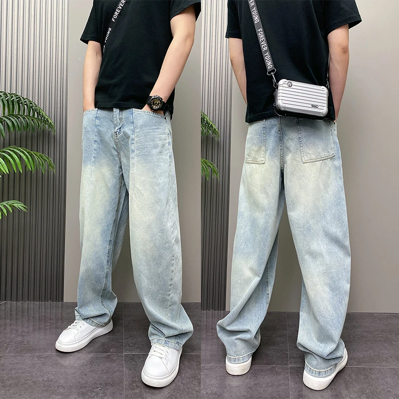 2025年夏季薄款潮流韩版痞帅蓝色水洗磨白复古做旧青年男士牛仔裤