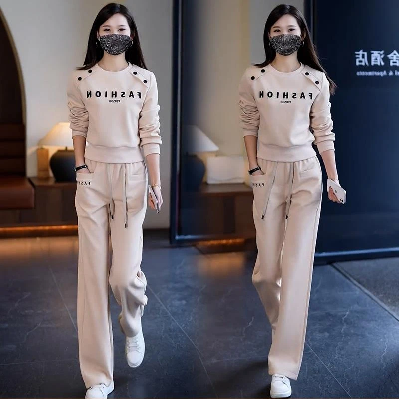 2025春秋季新款高含棉休闲运动服套装女显瘦卫衣高腰宽裤两件套