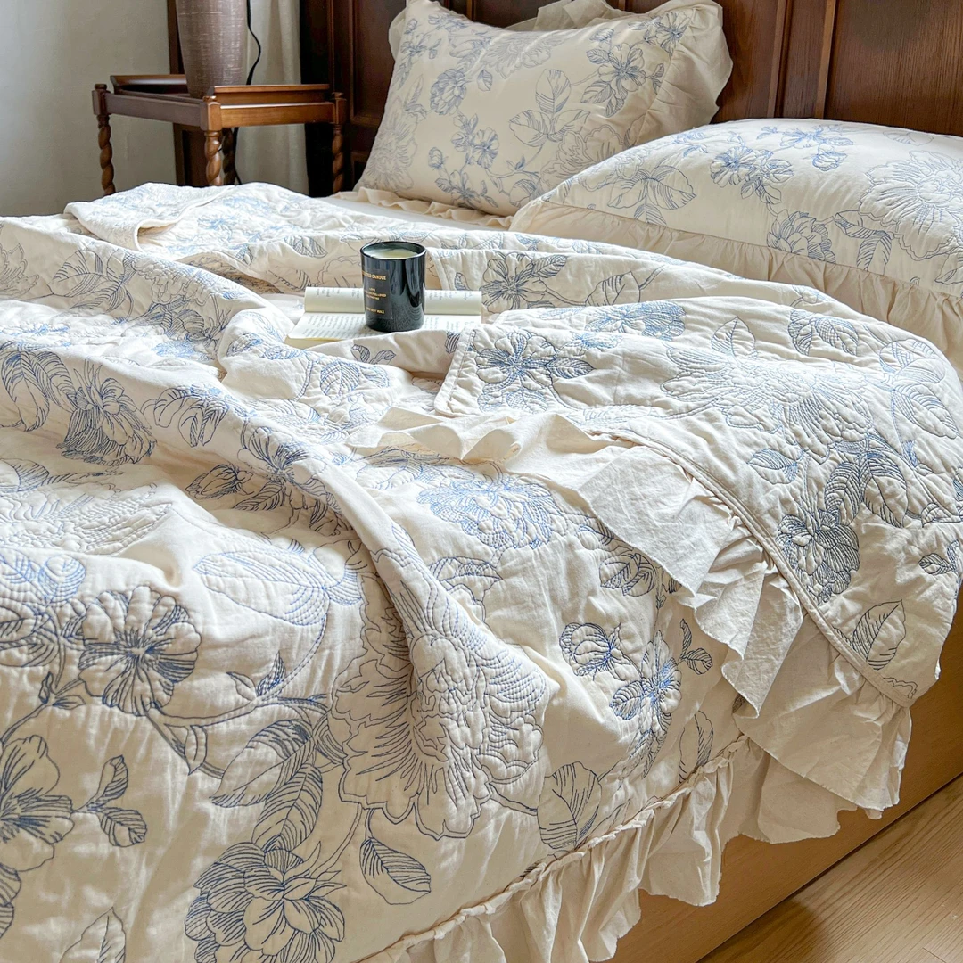 高端主卧棉麻绣花床盖三件套纯棉加厚床单花边款床上用品四季通用