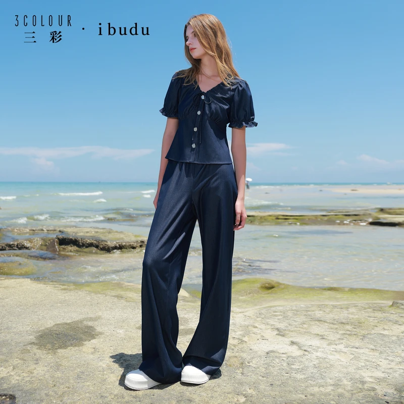 【茉茉】1357三彩2025秋季新款两件套小衫V领休闲长裤套装女dbc