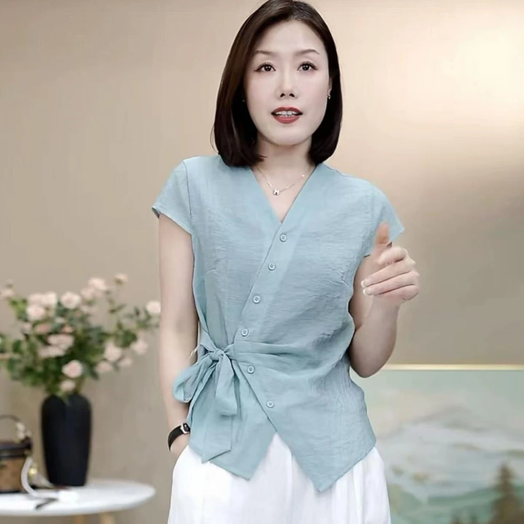 时尚衬衫女2025夏季新款洋气显瘦减龄设计感系带短袖百搭上衣小衫