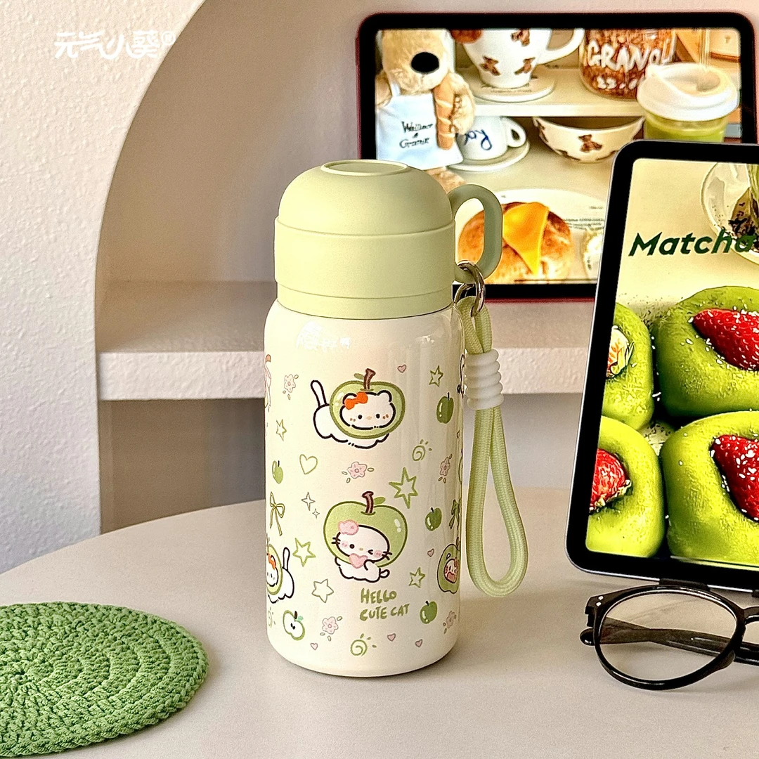 青苹果小猫可爱保温杯女生高颜值三饮学生户外便携提绳吸管水杯