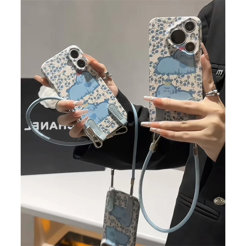 蓝碎花狗狗皮绳适用iphone16/15手机壳苹果14华为P70oppo小米vivo