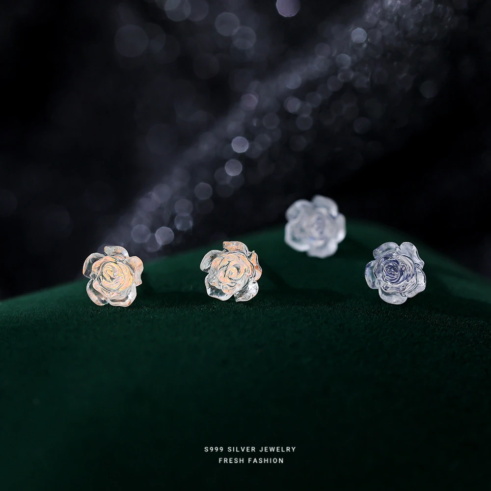 足银耳饰 s999足银幻彩清冷玫瑰耳钉简约法式复古轻奢小众素款