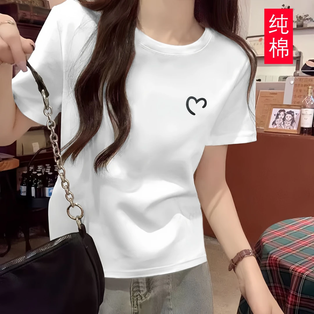 2025纯棉夏季新款白色短袖t恤女夏季ins潮纯棉宽松设计感小众上衣