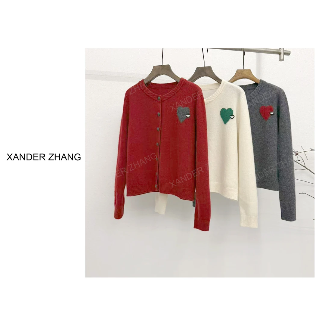 山大张极简圆领爱心提花全羊毛显瘦开衫YBMS1J962百搭时尚品质感