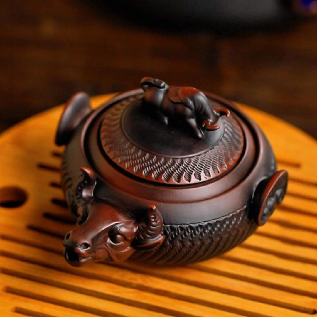 紫陶泡茶壶手抓壶牛转乾坤高档紫陶复古手工泡茶壶茶具茶壶可旋转