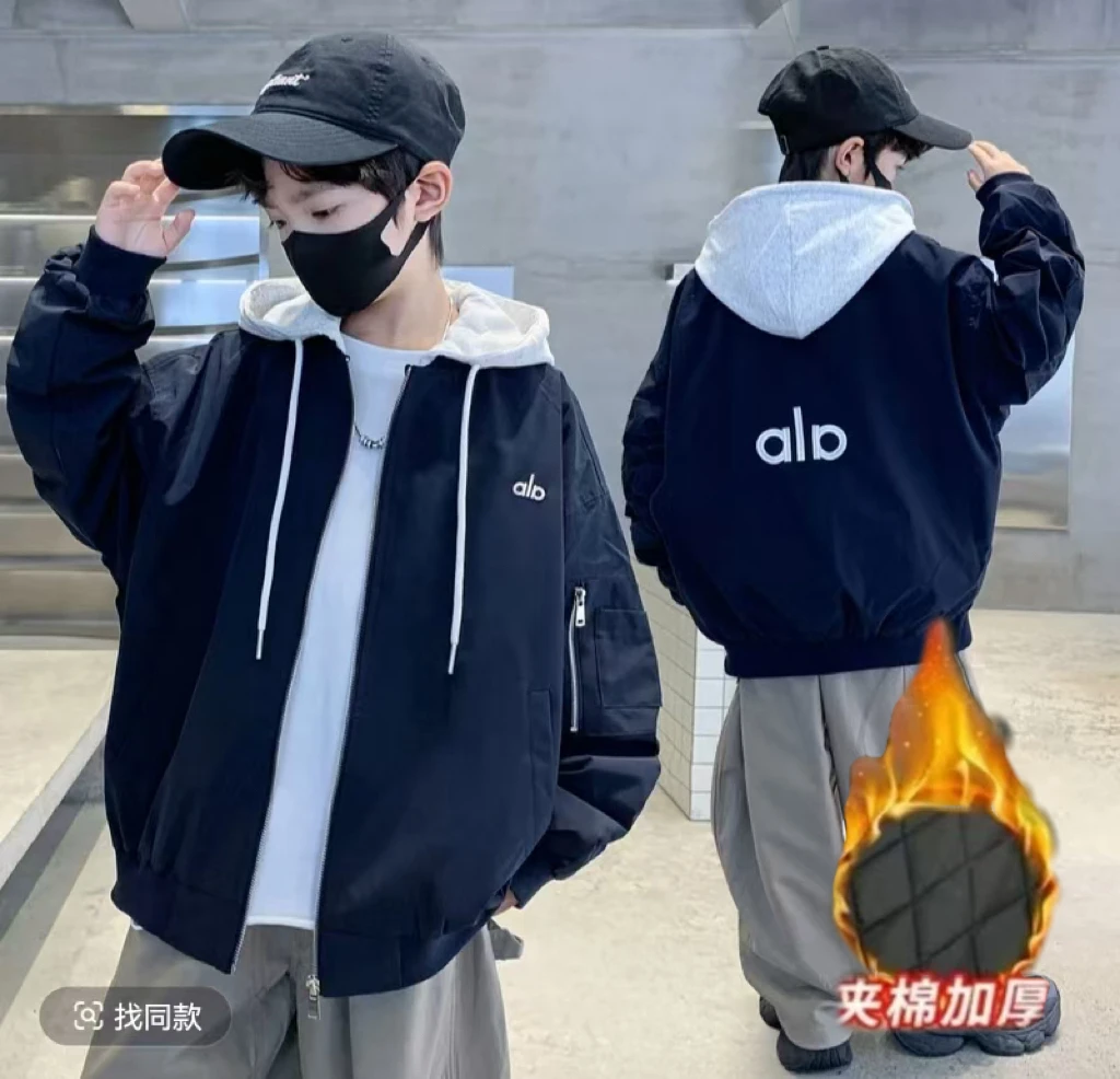 【夹棉/不夹棉】~男童秋冬韩版夹棉加厚连帽假两件字母外套S10365
