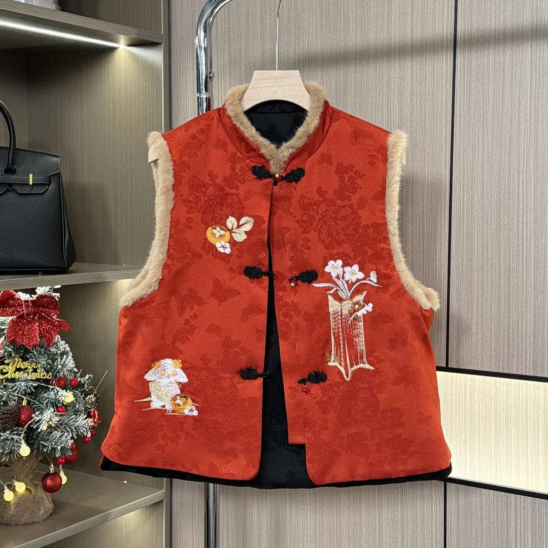 【红绣】马甲国风新中式绣花冬季上衣马夹外套国风加厚马甲