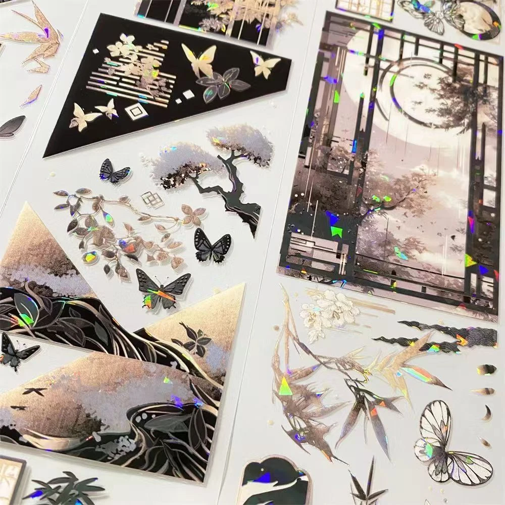 手帐胶带分装墨嶙贝壳光PET特油明月蝴蝶水墨风古风diy素材贴纸
