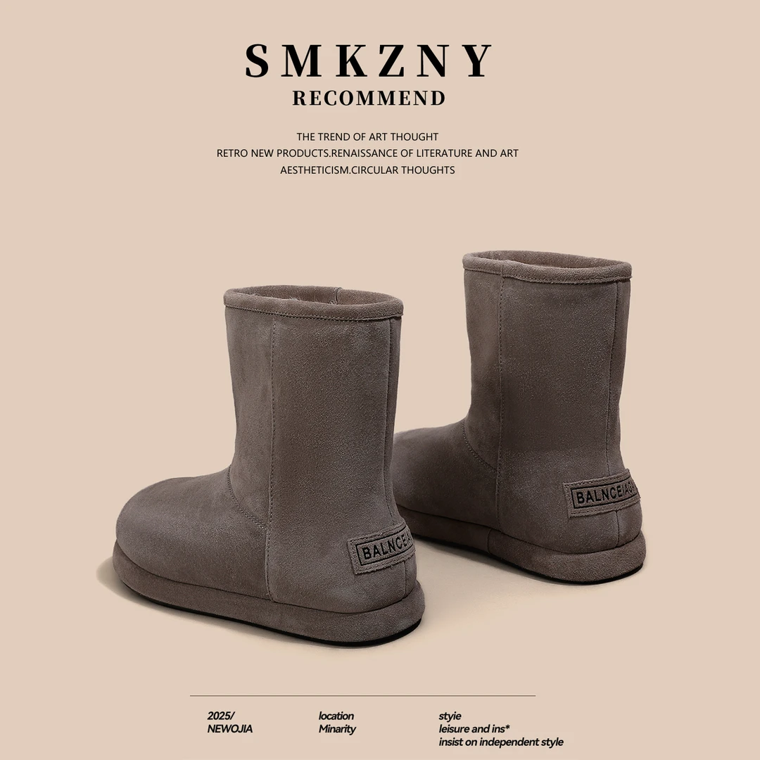 中筒雪地靴女2025冬季新款磨砂百搭加绒保暖休闲复古厚底勃肯棉靴