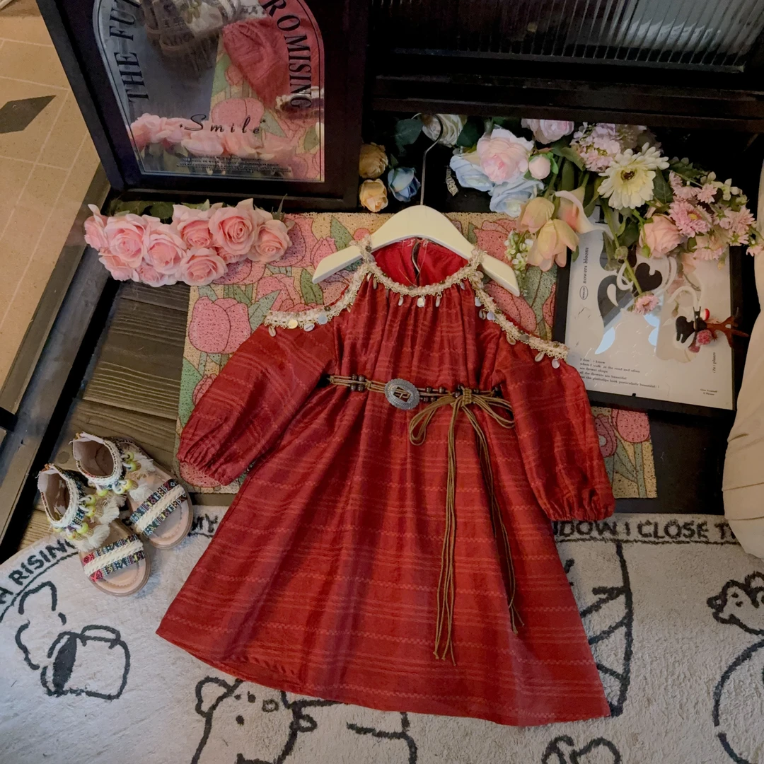 【现货】红色长裙贝壳花边连衣裙女秋2025波西米亚度假风茶歇长裙